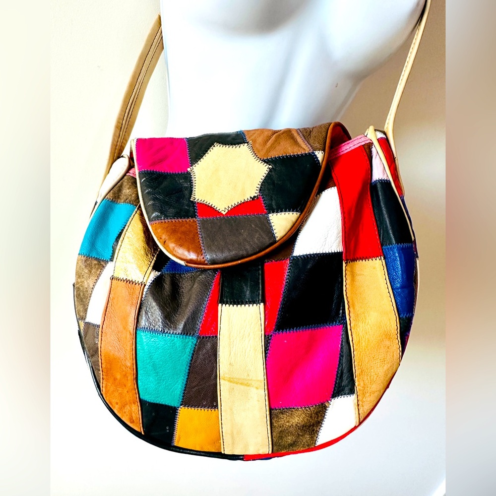 Vintage Large Colorful Genuine Leather PatchWork Hobo Shoulder Bag